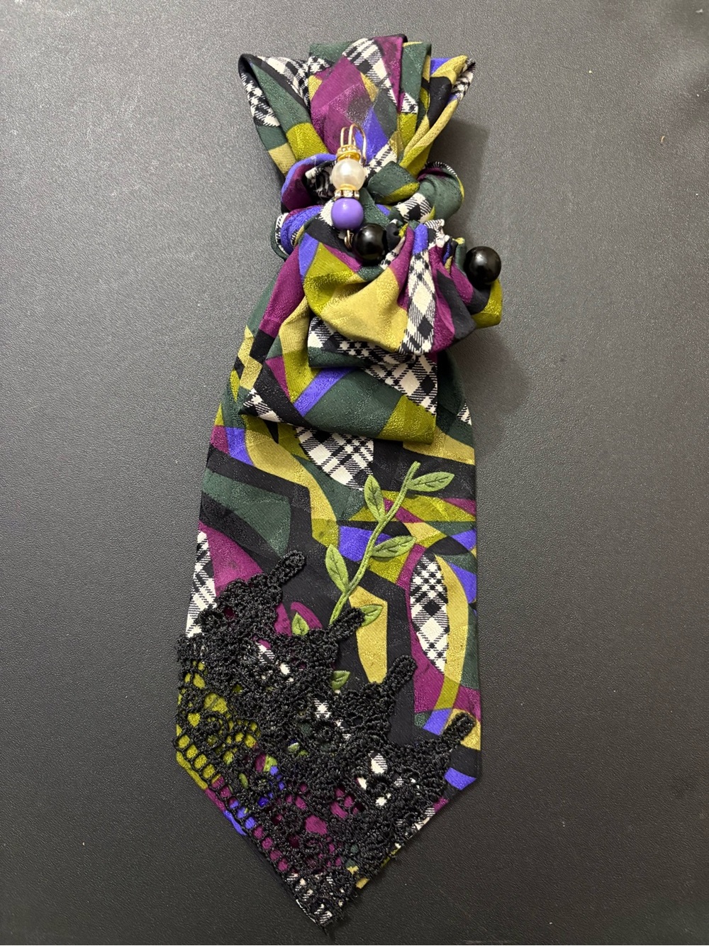 Multicolor Patterned Female Necktie with Black Lace Accent